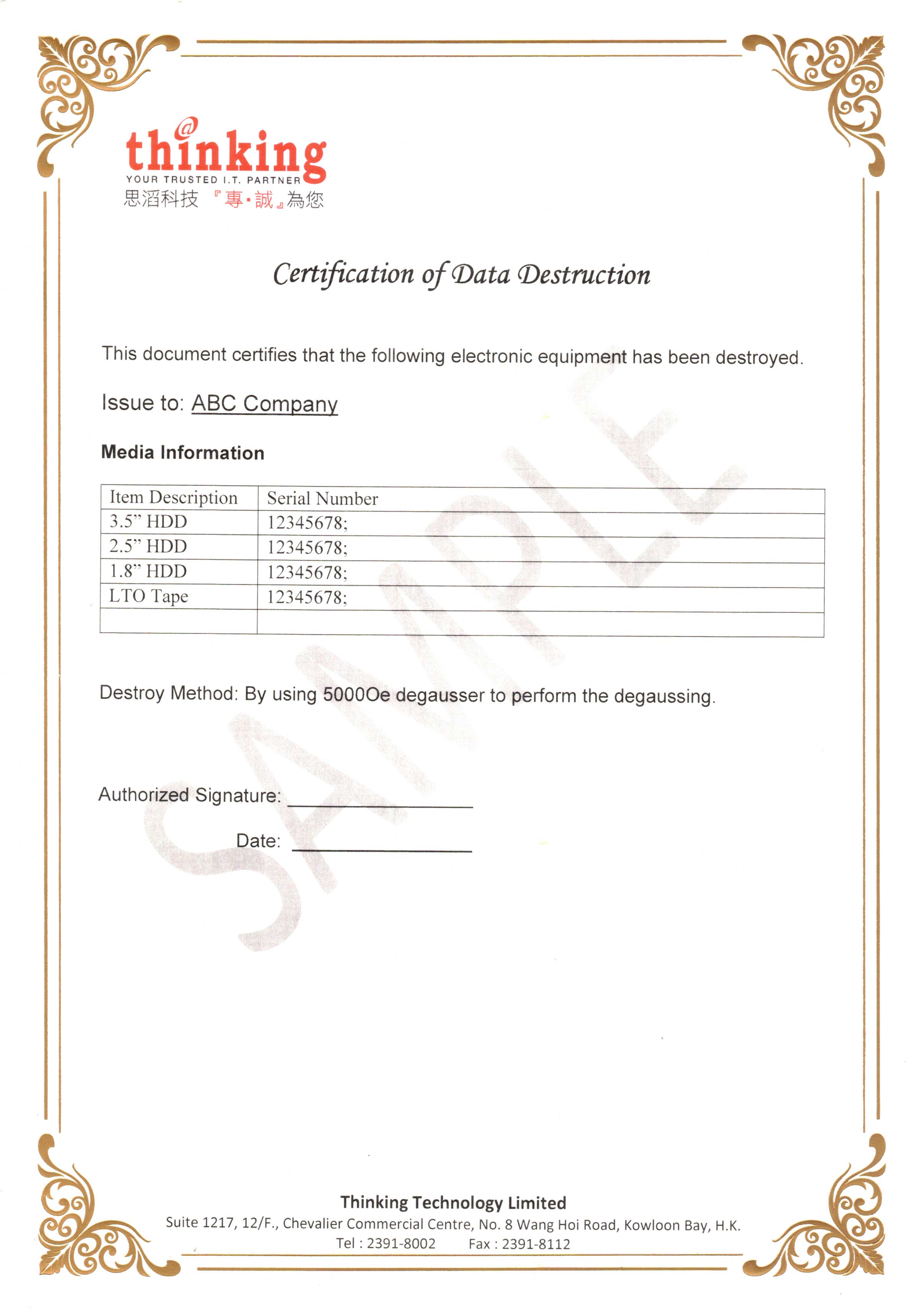 Certification Of Data Destruction